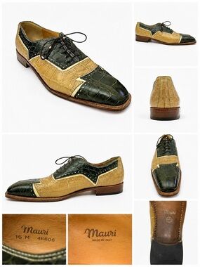Mauri Crocodile Spectator Brogue Green Tan Size 16 Made In Italy Luxury